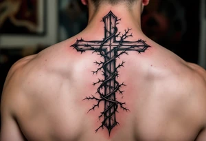 A detailed inverted cross with thorny vines wrapping around it, darkened with black ink and deep purple shadows, symbolizing struggle and resilience. tattoo idea