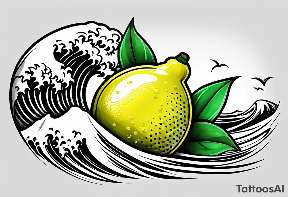 A lemon-Buoy with a green leaf-flag on waves tattoo idea