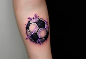 A black soccer ball with purple lightning bolts cracking across its surface. tattoo idea