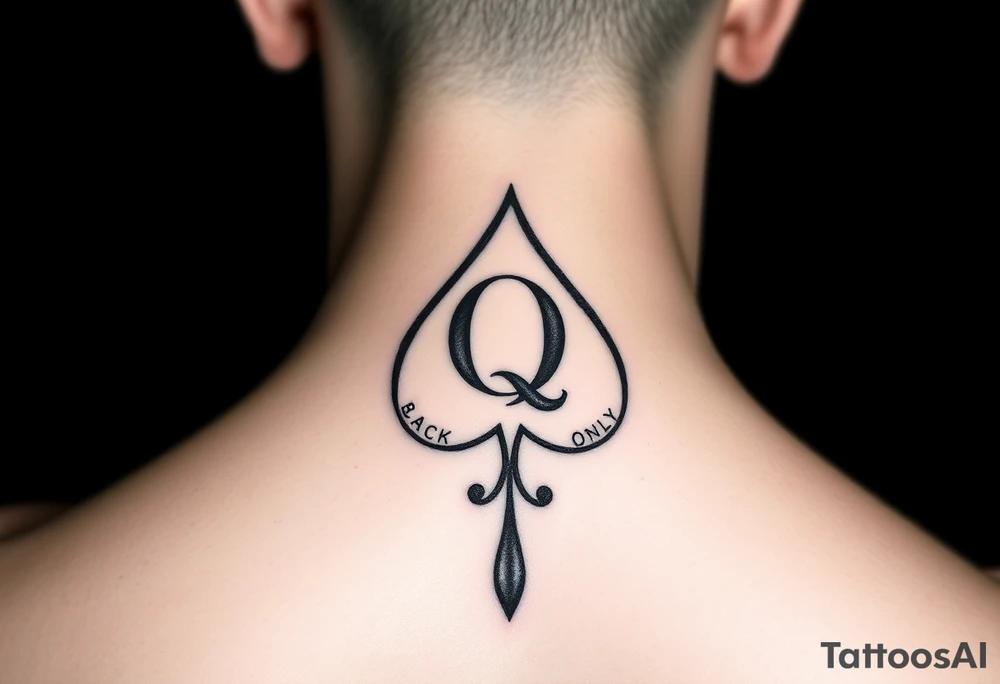 A spade womb tattoo with a Q in the center, with three points around the outside. The first reading, "BLACK". The second reading, "SEED". The third reading, "ONLY". A tail at the bottom of the spade. tattoo idea