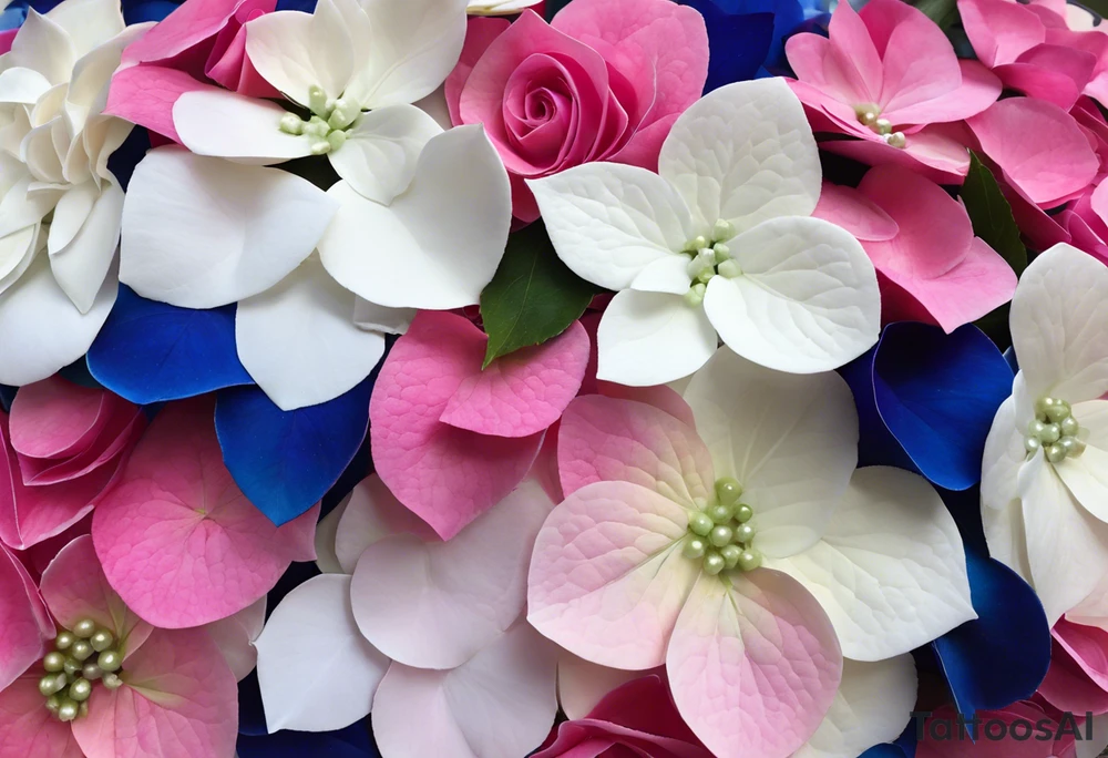 based on my wedding flowers for my wrist:Light pink hydrangea petals, white hydrangea petals, deep blue hydrangea petals, hot pink hydrangea petals, baby pink roses, hot pink roses, light pink stargazer lilies. With some purpley/bluey delphinium petals and tiny white and light pink flowers. With leaves weaving between them all and festoon and fairy lights around the outside, giving the flowers a glow. tattoo idea