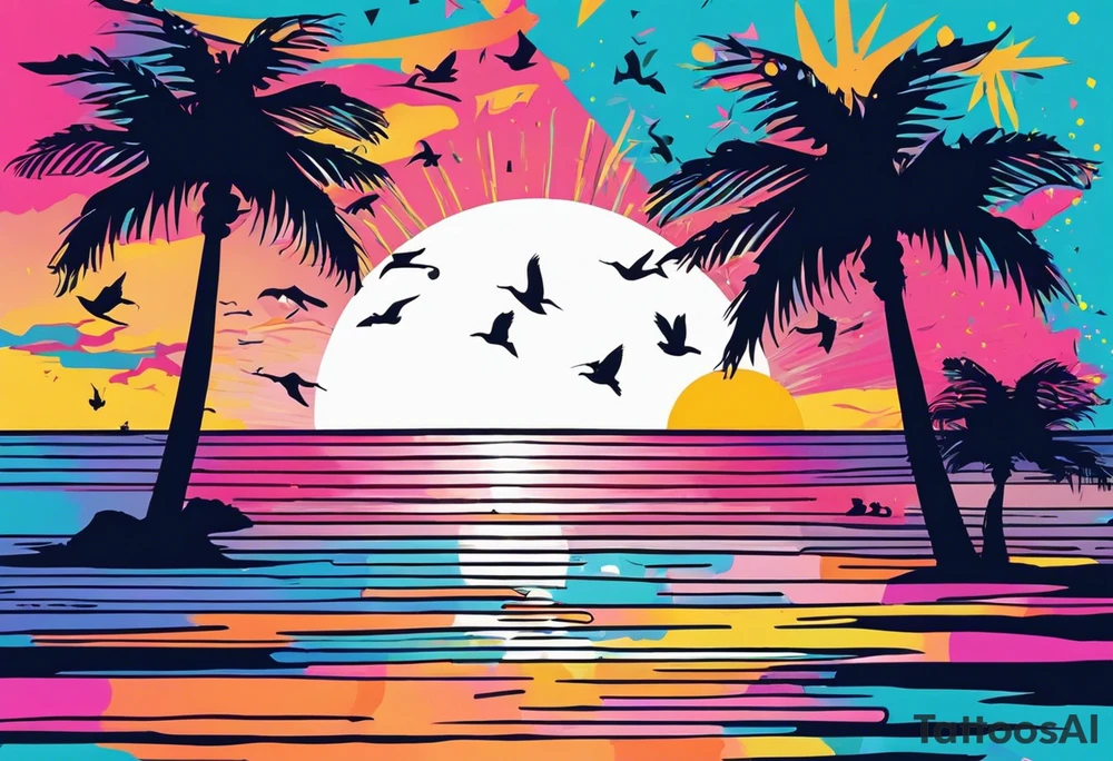 1980's miami vice style beach dance 
party, include confetti, music notes, boom box, SILHOUETTE bikinis sunset in the center tattoo idea