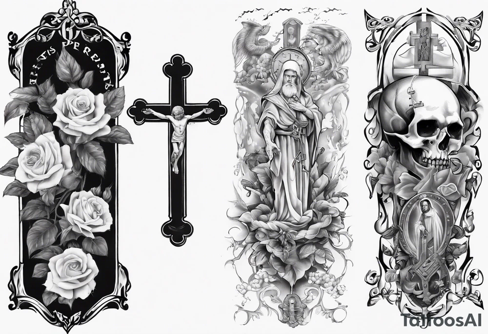 men’s arm sleeve, the name Peters, rosary, prayers tattoo idea