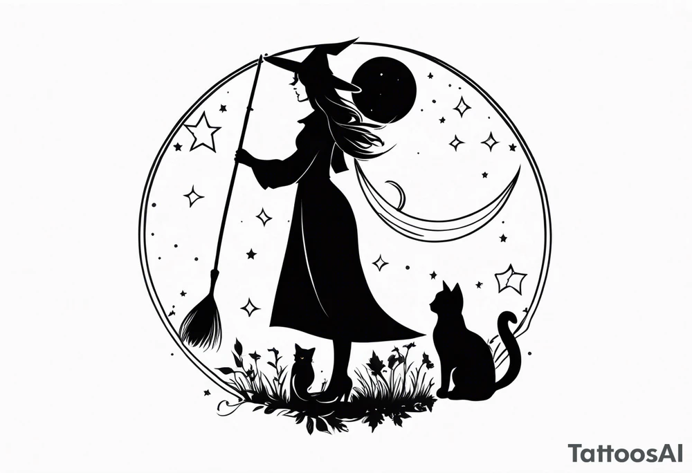 witch, fantasy, broom, cat, Harry Potter, charmed, moons tattoo idea
