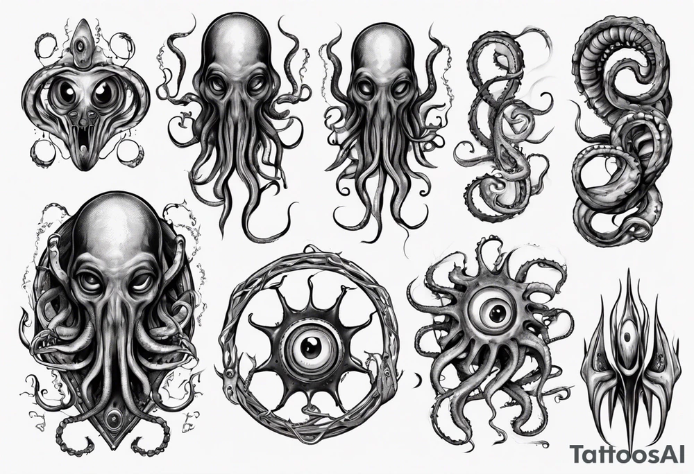 lovecraft theme with tentacle+++ and eyes for forearms tattoo idea