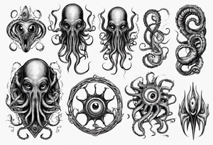 lovecraft theme with tentacle+++ and eyes for forearms tattoo idea