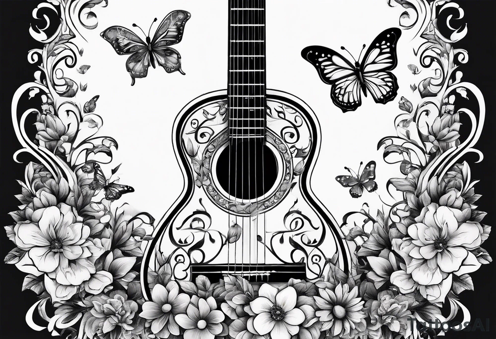 Guitar in shape of treble clef with flowers growing off the side, butterflies, small tattoo idea
