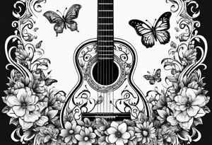 Guitar in shape of treble clef with flowers growing off the side, butterflies, small tattoo idea
