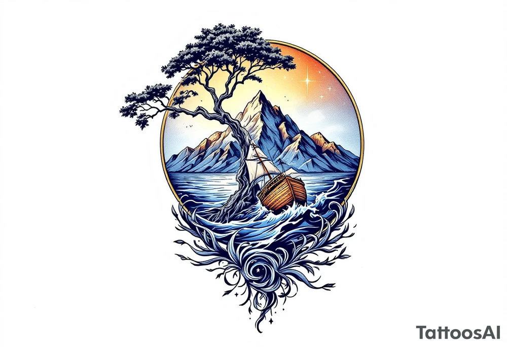 tattoo that has an acacia tree with mountains, ocean with a ship wreck and the northern star tattoo idea