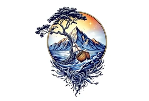 tattoo that has an acacia tree with mountains, ocean with a ship wreck and the northern star tattoo idea