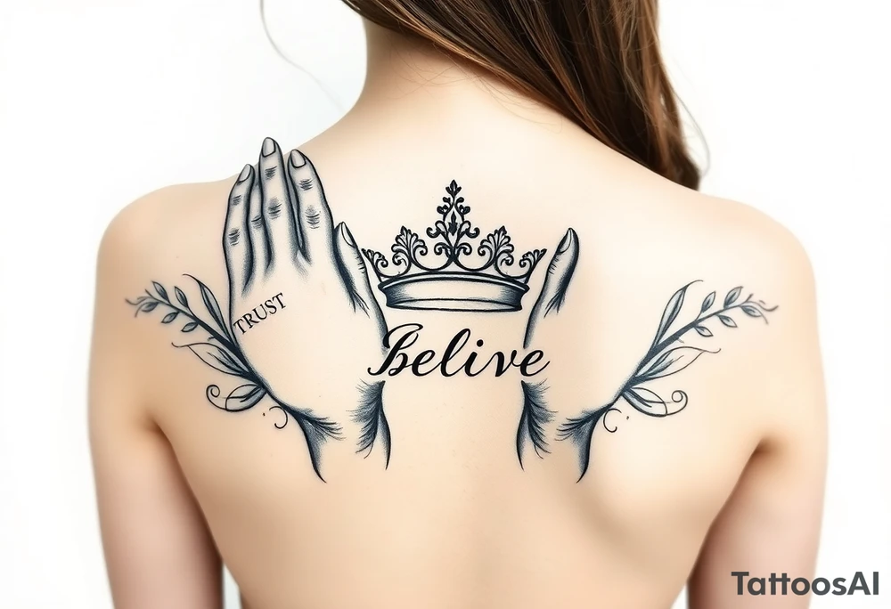 Prayer hands, trust, believe, crown tattoo idea