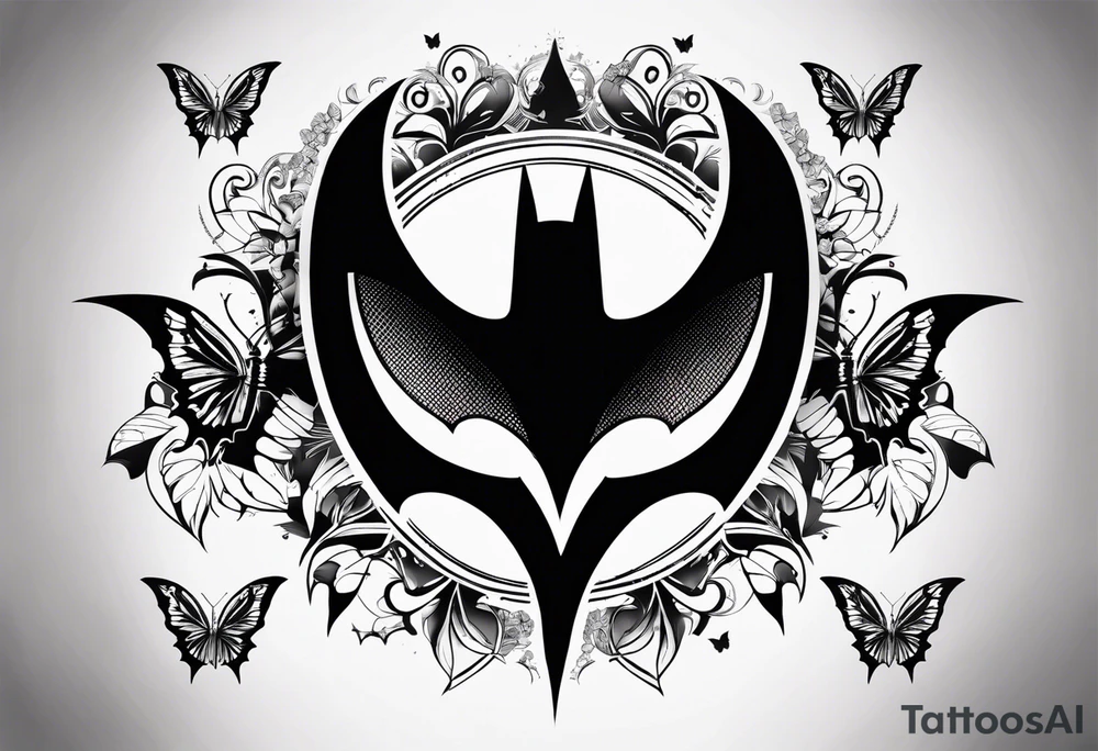 Batman symbol with butterflies and haha joker symbols and less details tattoo idea