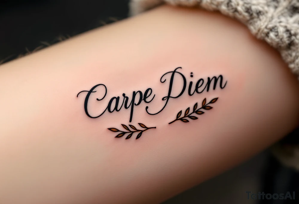 "Carpe Diem" in ornate Roman-style lettering, black and bronze gradient ink with laurel leaves on each side. tattoo idea