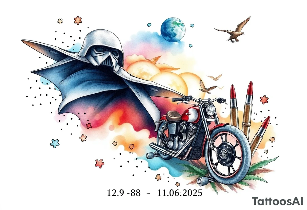 memorial, futuristic, star wars, space, Harley Davidson, skateboarding, camping, puzzle pieces, video games, heaven, god, outdoors, bullets,
Seth J. Carter AKA "Darth Carter"
12/29/88-01/06/2025 tattoo idea