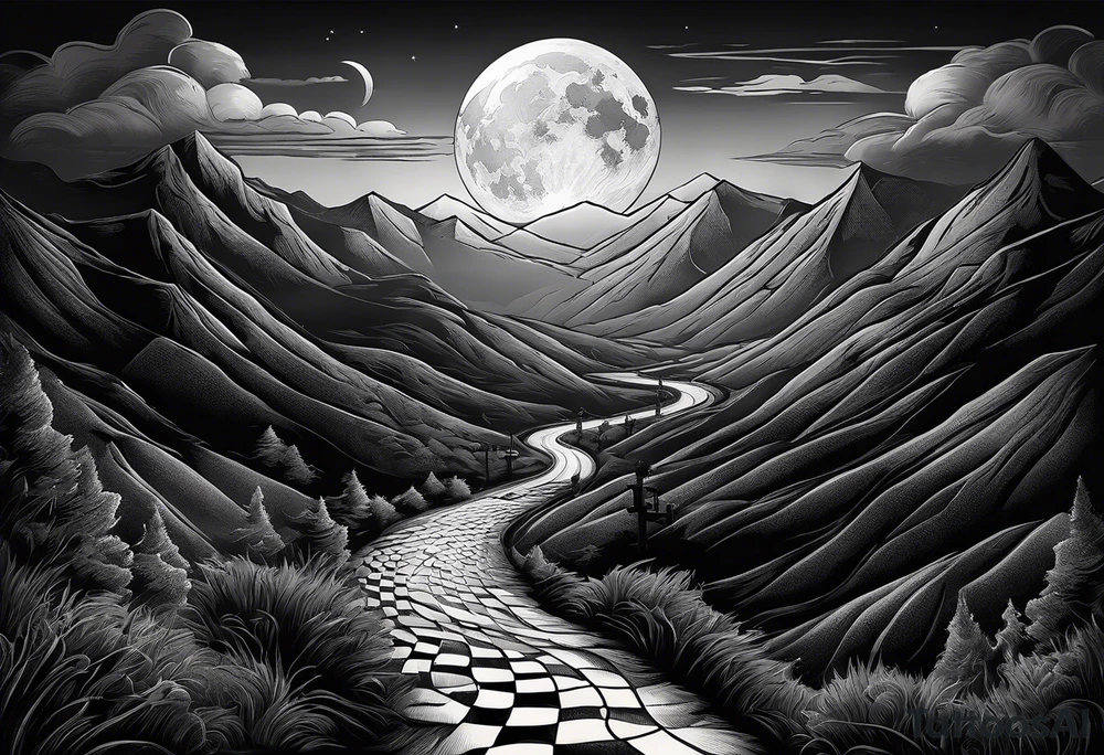 chessboard as a road in the mountains, it’s dark and misty with the moon and ravens in the sky. tattoo idea
