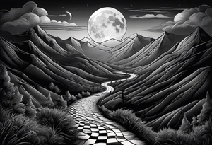 chessboard as a road in the mountains, it’s dark and misty with the moon and ravens in the sky. tattoo idea