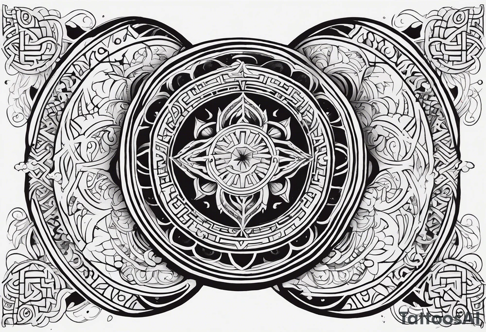 A half-and-half tattoo design, where one half features intricate geometric and mystical symbols inspired by Doctor Strange, with detailed line work or tribal patterns. The other half could integrate another element, such as a philosophical word from Asian languages, adding depth and personal meaning. The design balances mystical symbols with reflective, life-oriented themes tattoo idea