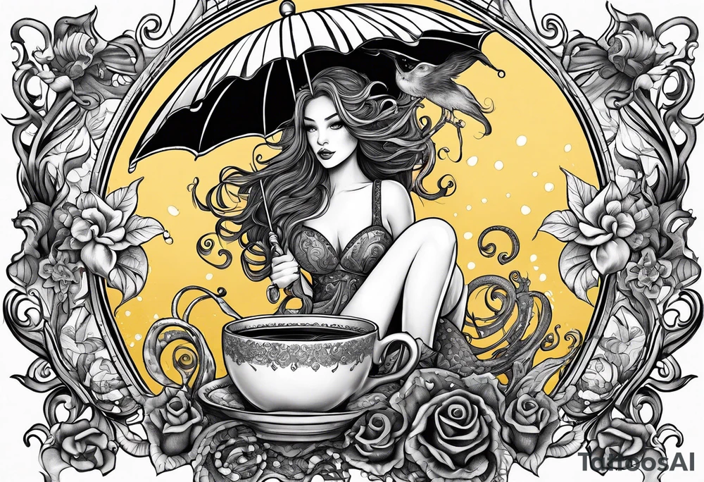 A beautiful sea witch with tentacles that incorporates a teacup, an umbrella, a yellow bird, and a gingerbread boy tattoo idea