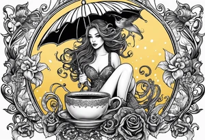 A beautiful sea witch with tentacles that incorporates a teacup, an umbrella, a yellow bird, and a gingerbread boy tattoo idea