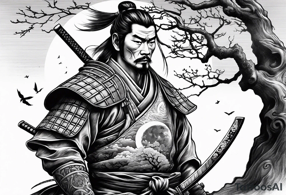 samurai with quarter moon and dead tree in the background tattoo idea