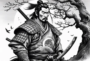samurai with quarter moon and dead tree in the background tattoo idea