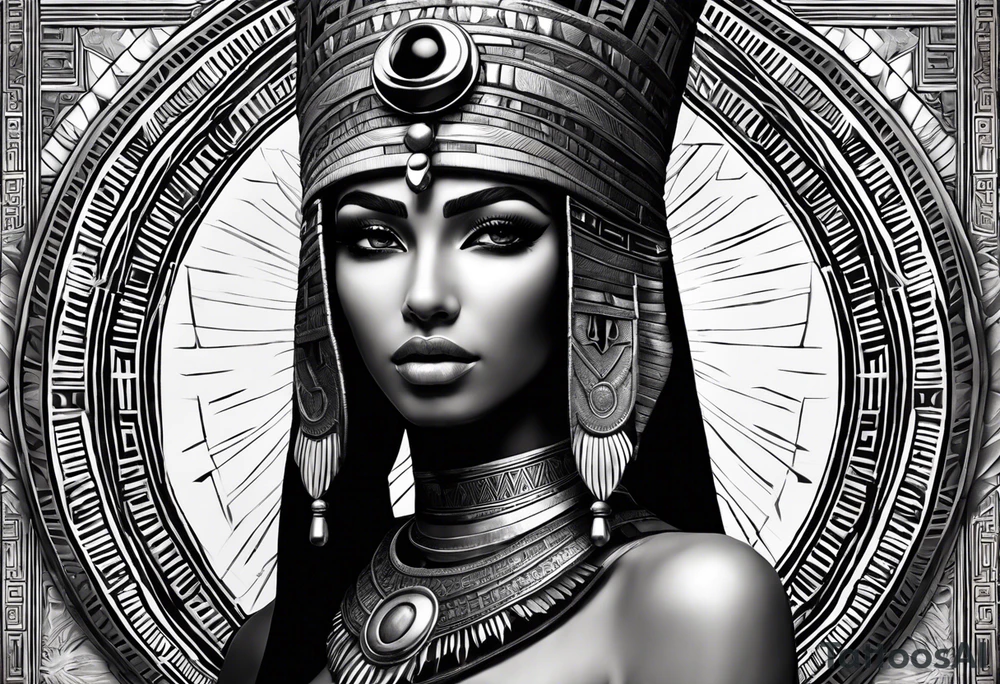 Egyptian figure girl. The figure should be full, featuring a regal headdress and detailed facial markings reminiscent of ancient Egyptian art. Include mystical and symbolic elements such as the Eye of Horus and ankh, blending subtly with geometric background patterns. 
Hyperrealism tattoo idea