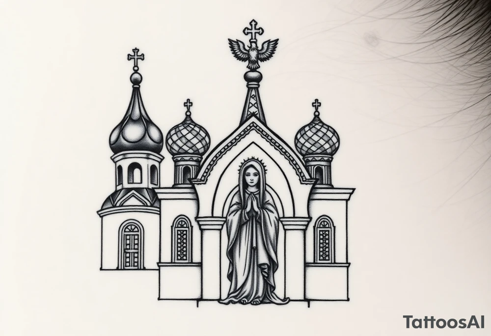 Flowing Scene

A onion domes orthodox church
Virgin Mary in prayer pose on the front doors of the russian orthodox church 
A small double headed russian coat of arms eagle or just the star tucked above the dome near the hairline tattoo idea