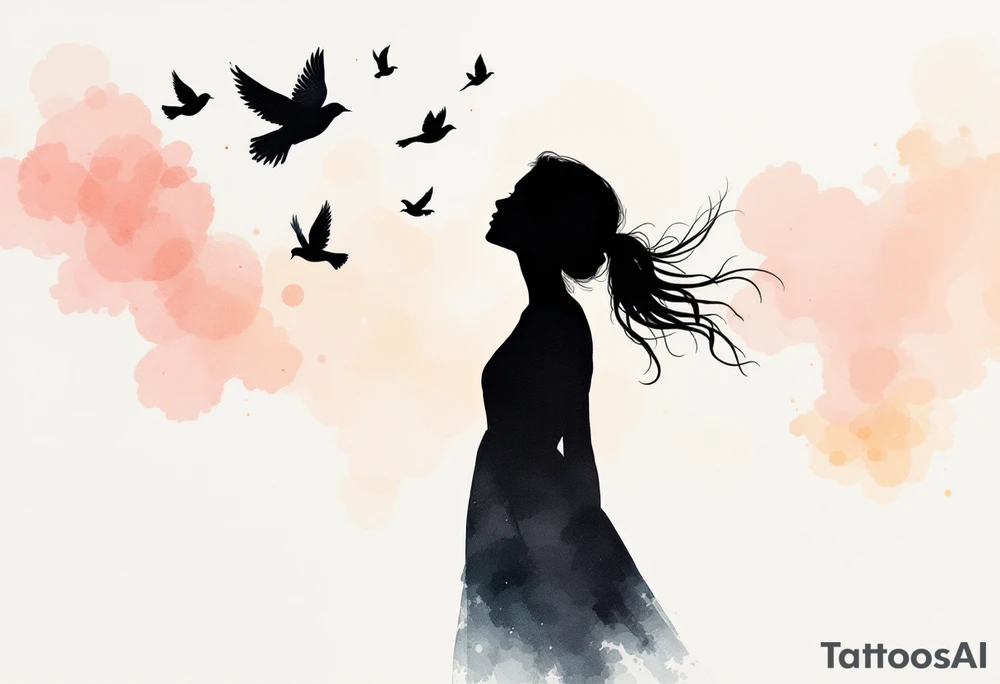 A black silhouette of a girl releasing birds into a watercolor sky represents emotional release. tattoo idea