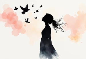 A black silhouette of a girl releasing birds into a watercolor sky represents emotional release. tattoo idea