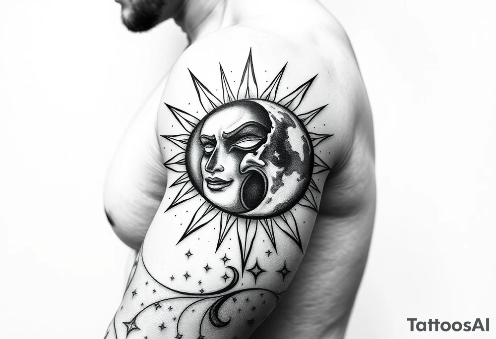 celestial sun and moon embrace with constellation patterns tattoo idea