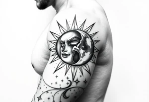 celestial sun and moon embrace with constellation patterns tattoo idea