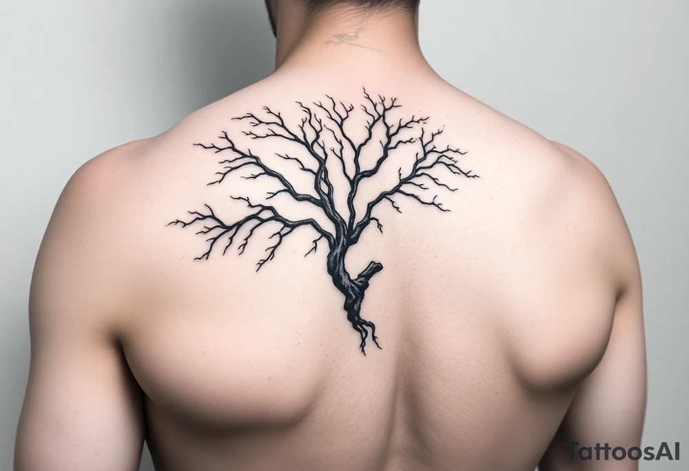 Flowing asymmetrical symbolic tree quarter sleeve on shoulder. Bold and simple branches that do not look realistic. tattoo idea