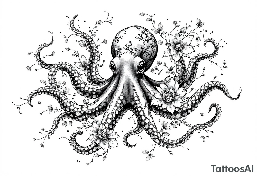 realistic octopus, detailed linework, intricate, black-and-grey shading, surrounded by floral ornaments, intertwining and merging with flowers, thin black swirling lines, semi-transparent brown leaves, dotwork, ornamental flourishes, radiating design, fine-line style, minimalistic, organic flow, feminine, artistic, slightly surreal, seamless composition, marine botanical fusion, lifelike texture, graceful rhythm, smooth shading, soft leaves wrapping, blooming shoulder flower, outward radiating pattern, vine tentacle flow, integrated sea creature, botanical octopus curved body placement, natural organic movement tattoo idea