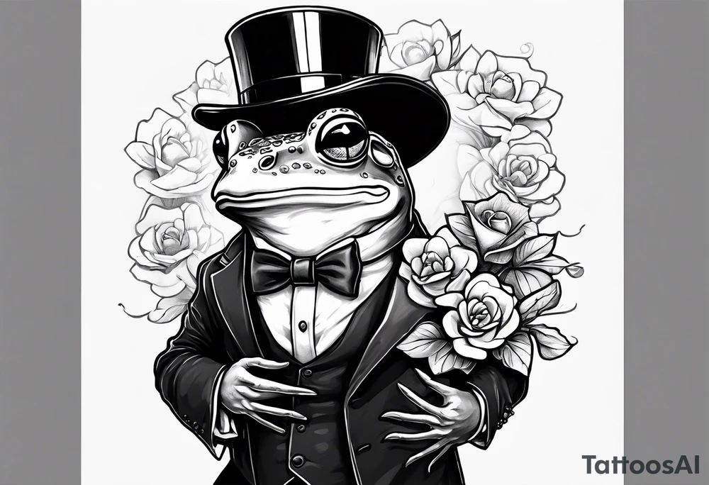 Cute Frog wearing top hat and a suit standing on its Back legs while holding flowers tattoo idea