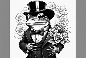 Cute Frog wearing top hat and a suit standing on its Back legs while holding flowers tattoo idea