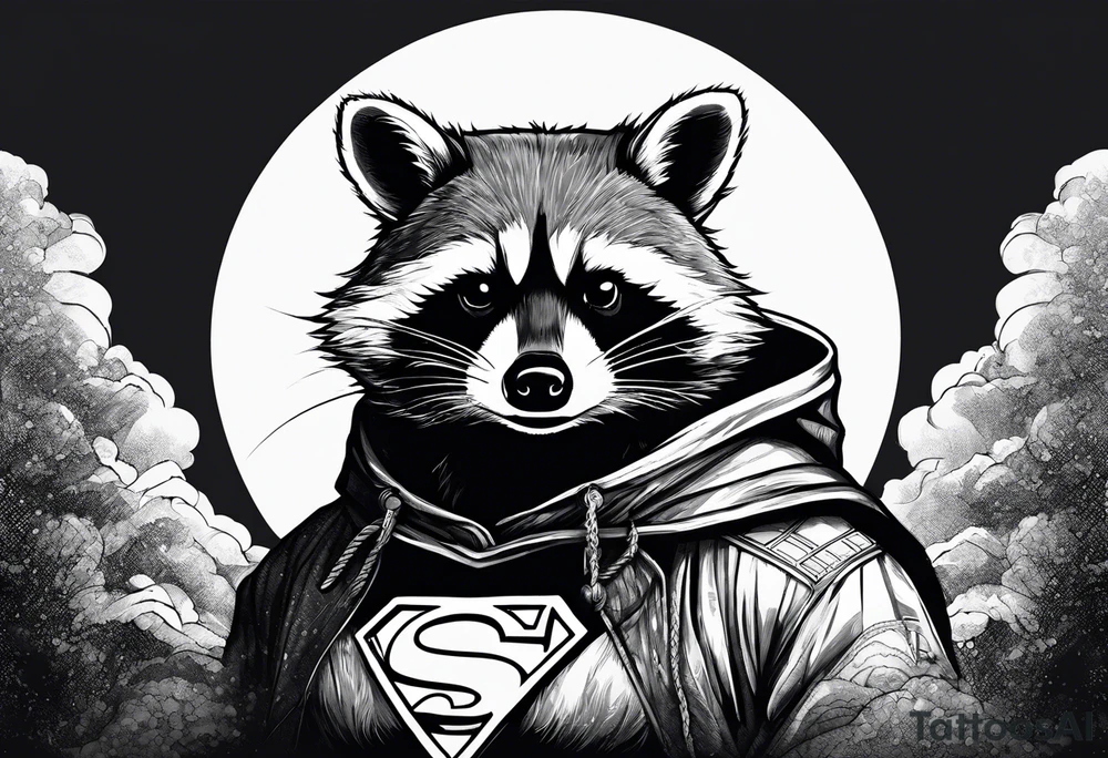 raccoon wearing a Superman hoodie tattoo idea