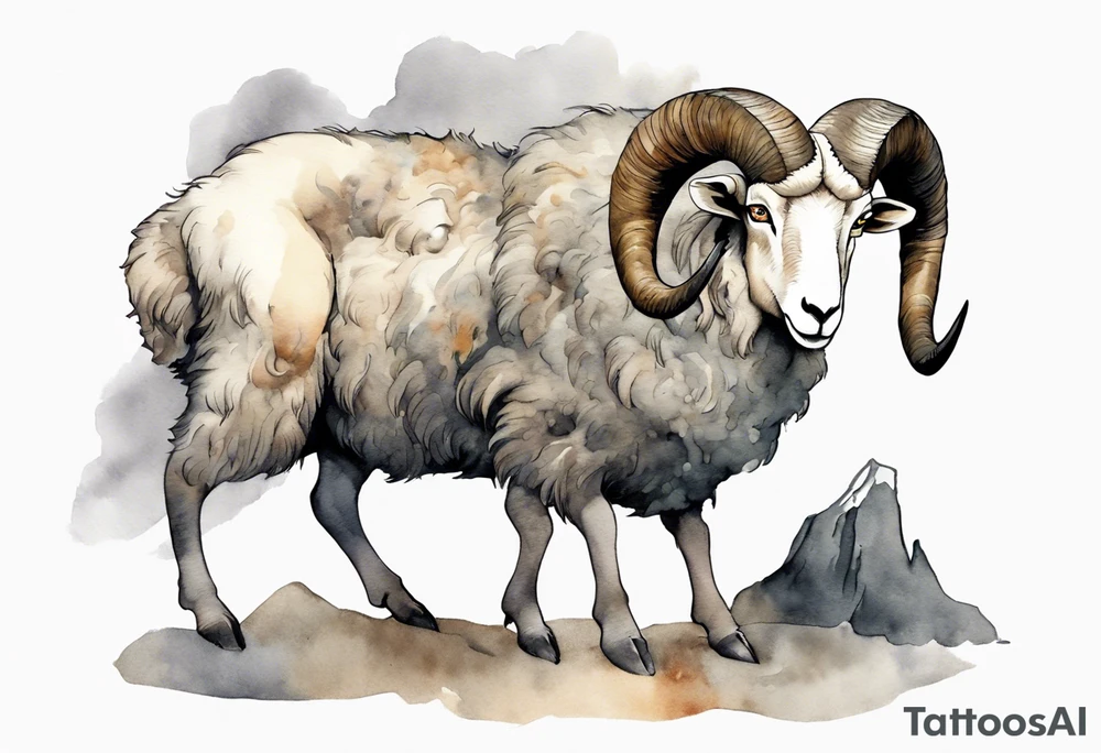 a solitary big-horned sheep with the arms and legs of a large man, wearing a grey tunic standing before a cave with cloven hooves for feet tattoo idea