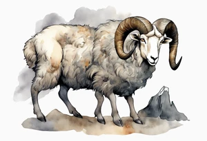 a solitary big-horned sheep with the arms and legs of a large man, wearing a grey tunic standing before a cave with cloven hooves for feet tattoo idea