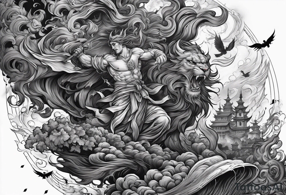 arm sleeve heaven at the top, satan falling down hellscape at bottom tattoo idea