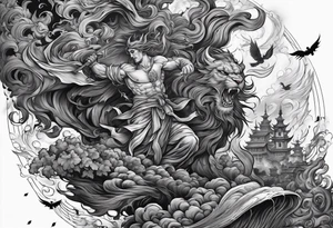 arm sleeve heaven at the top, satan falling down hellscape at bottom tattoo idea