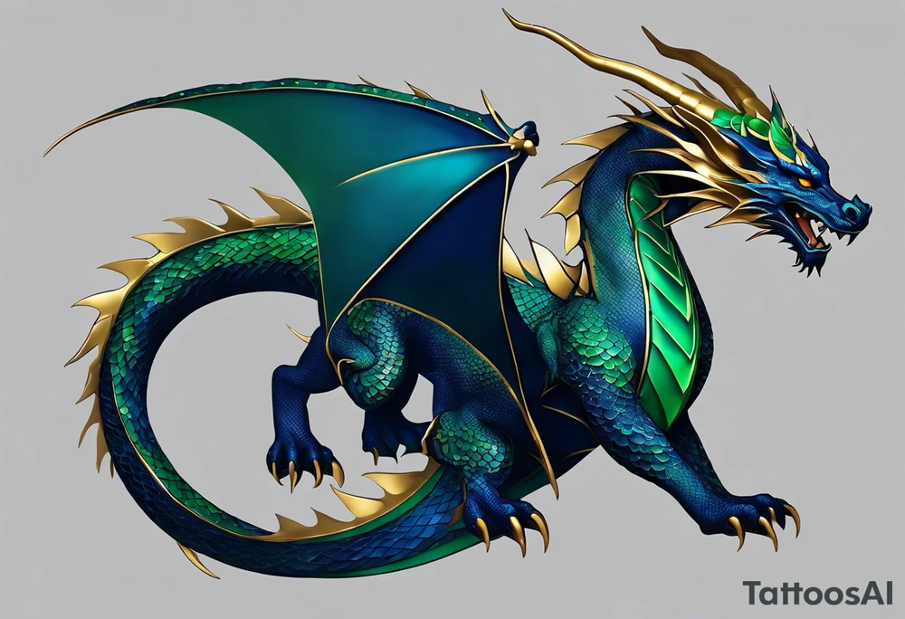 Geometric Tattoo: An epic with no wings, floating. Its long body coiling dynamically, with scales and horns detailed to create a sense of movement and strength. The dragon's main color is midnight blue but features little accents in green, blue, and gold, giving a vibrant depth and a mystical aura. This tattoo highlights the dragon’s fierce expression and sharp claws as it wraps protectively around the leg. Style: Geometric tattoo idea