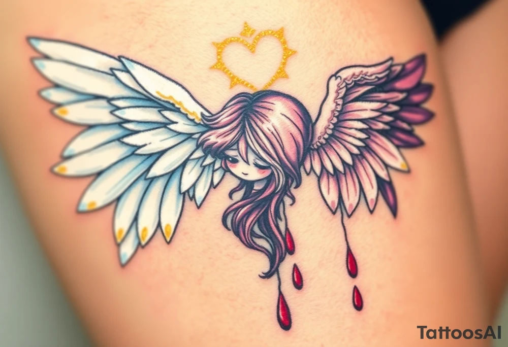 Seraphim angel, with brilliant white wings that shine with golden accents and divine light, is contrasted with a fallen angel, whose wings are tattered and darkened with deep purples, reds, and blacks, dripping with sorrowful tears of blood. tattoo idea