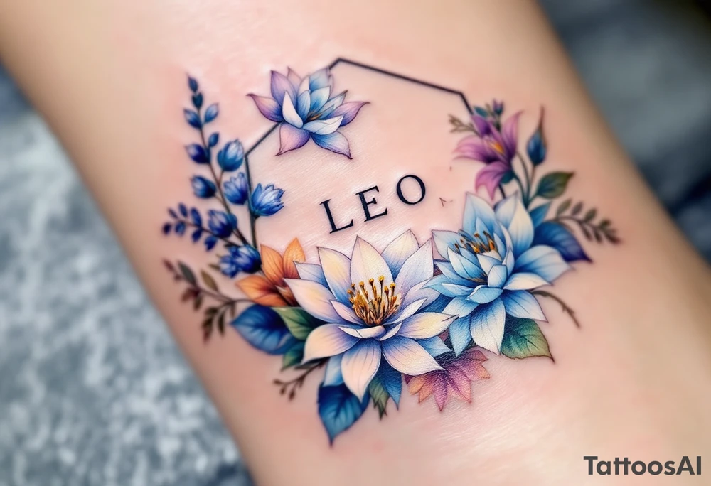 Leo sign, larkspur and water lily surrounded by a hexagon tattoo idea