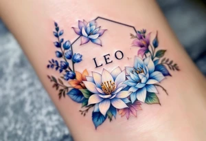 Leo sign, larkspur and water lily surrounded by a hexagon tattoo idea