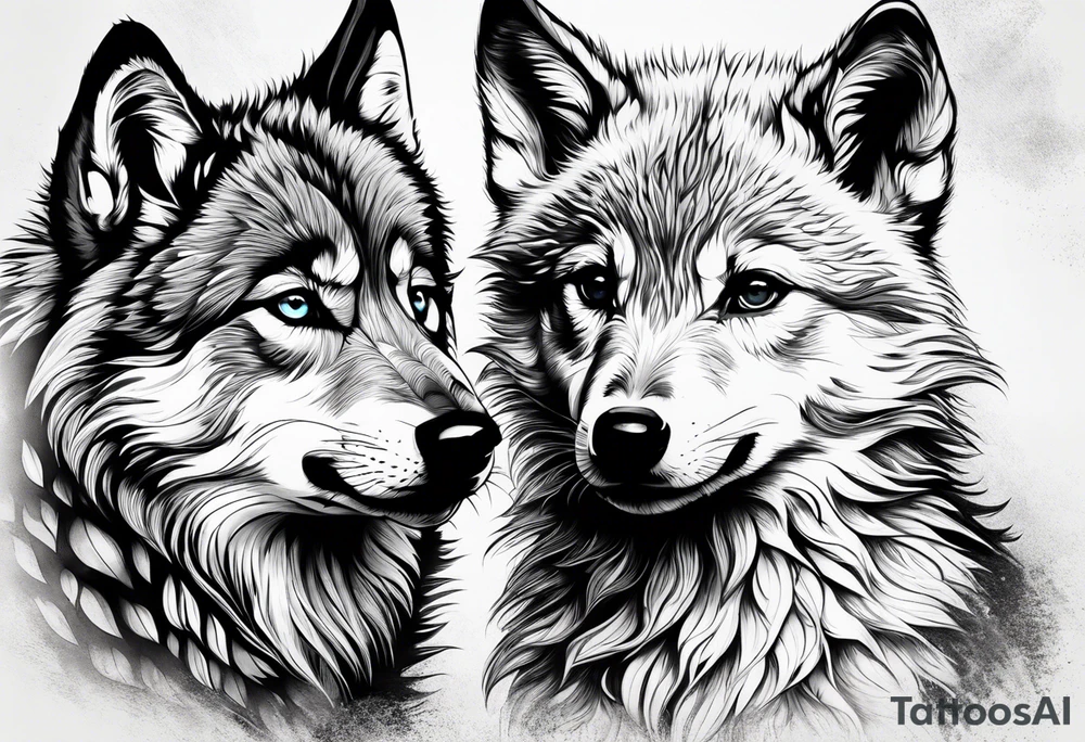 2 wolf cubs adoring and cute (one female, one male) tattoo idea