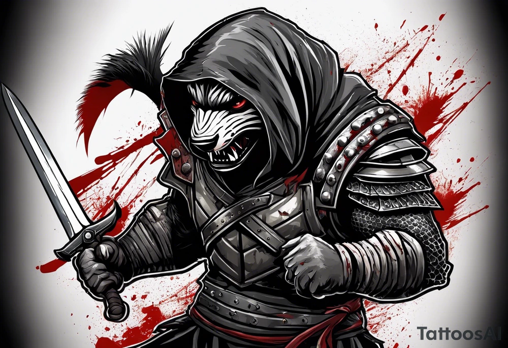 Draw me psychopath Honey Badger/Berserker with aggressive full body, killer face with a scary smile, very long nails and he attacks like a Bloody Assassin/Warrior/Gladiator to us and also, he has very deadly looking. He fights with his nails only. Everybody scares after their first sight. Give me horror type Badger Tattoo. I want to see his Realistic full body with no weapons. You can show destruction at the back. tattoo idea