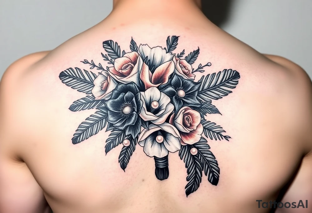 A wedding bouquet of black , cream and  rosegold flowers surrounded by black feathers as the wrapping with one single pearl along the spine of each feather tattoo idea