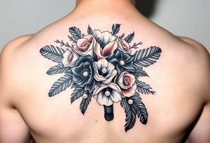 A wedding bouquet of black , cream and  rosegold flowers surrounded by black feathers as the wrapping with one single pearl along the spine of each feather tattoo idea
