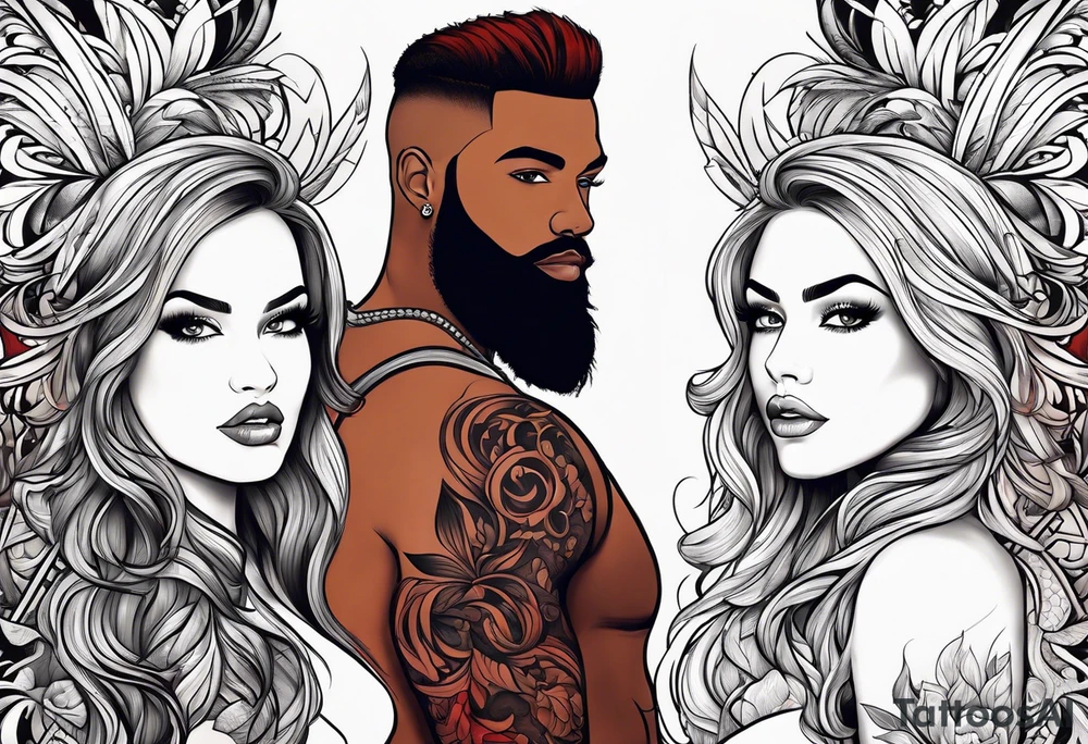 Busty red hair woman with bearded black hair man tattoo idea