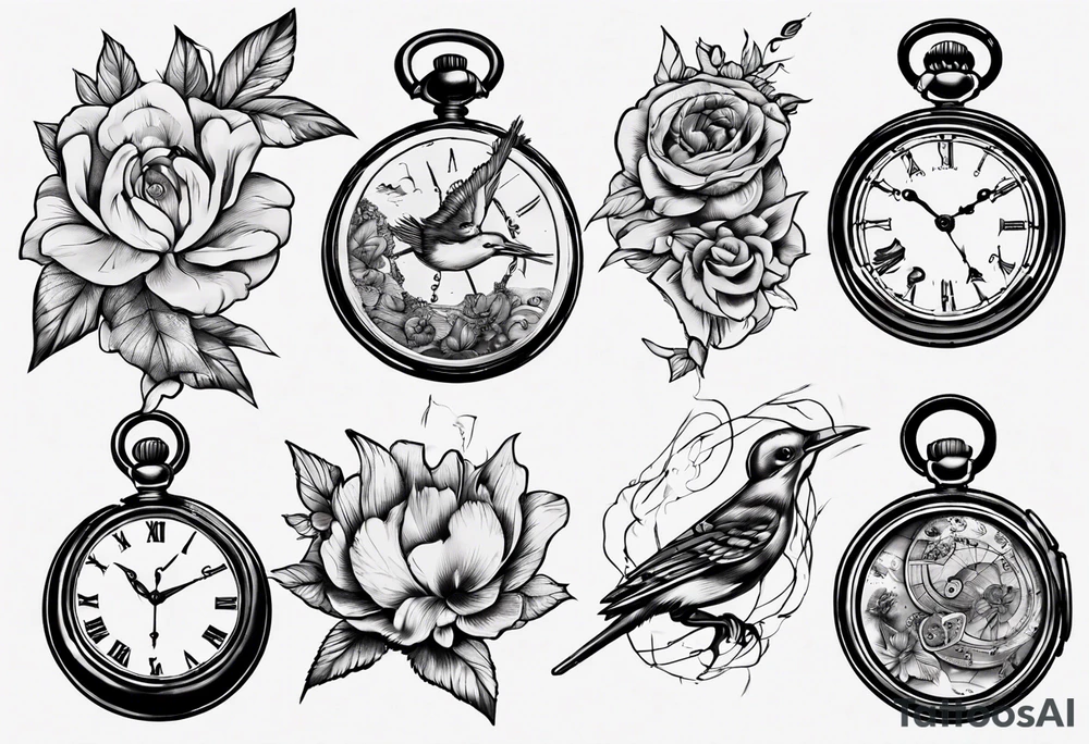 pocket watch, map , flower , bird tattoo idea